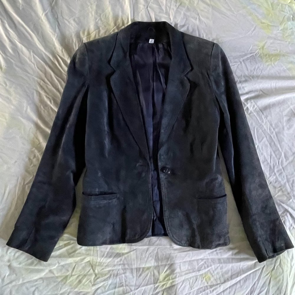 Casual Corner Vintage Navy Blue Suede Leather Blazer